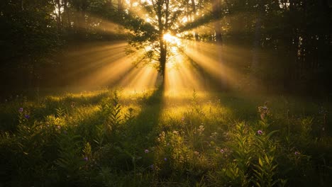 mesmerizing sunrise through a solitary tree in a lush forest, illuminating the greenery with soft golden rays and creating a tranquil atmosphere