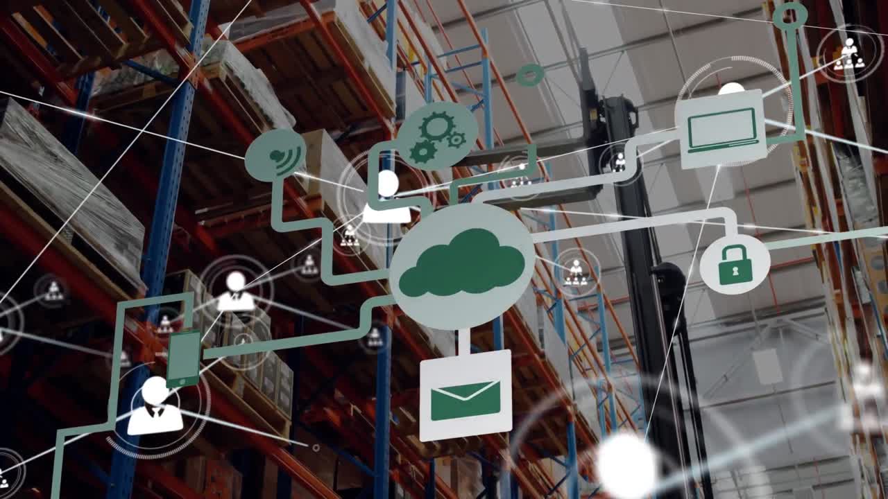 animación de la red de conexiones con iconos sobre el almacén