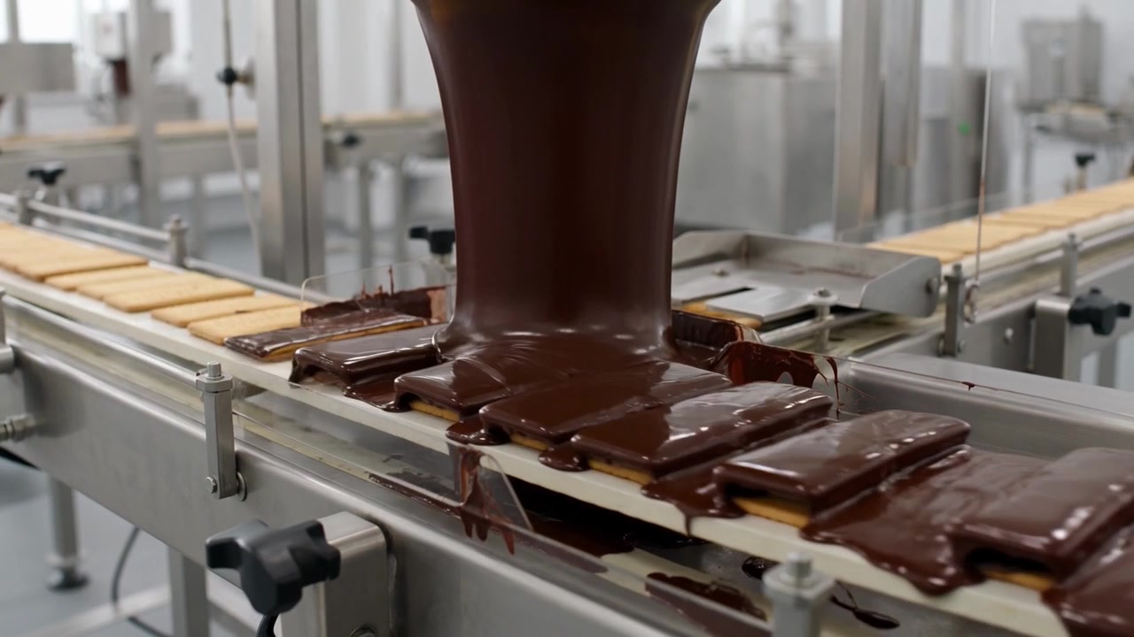 Chocolate Coating Process for Biscuits on Industrial Conveyor Belt