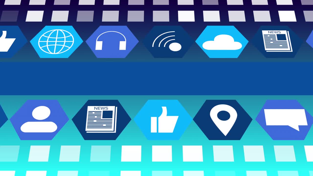 animación de iconos digitales en línea y franja azul que se mueve sobre fondo azul