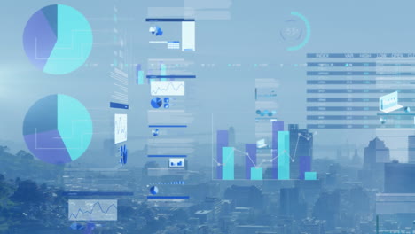 animation of multiple graphs and trading board over aerial view of modern city against sky