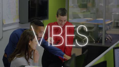 animation of vibes text over multiracial coworker analyzing data over desktop at office