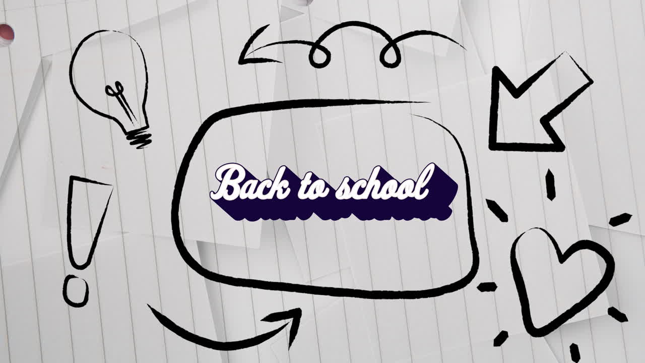 animación digital del texto de bienvenida a la escuela y los iconos del concepto escolar contra el papel con líneas blancas