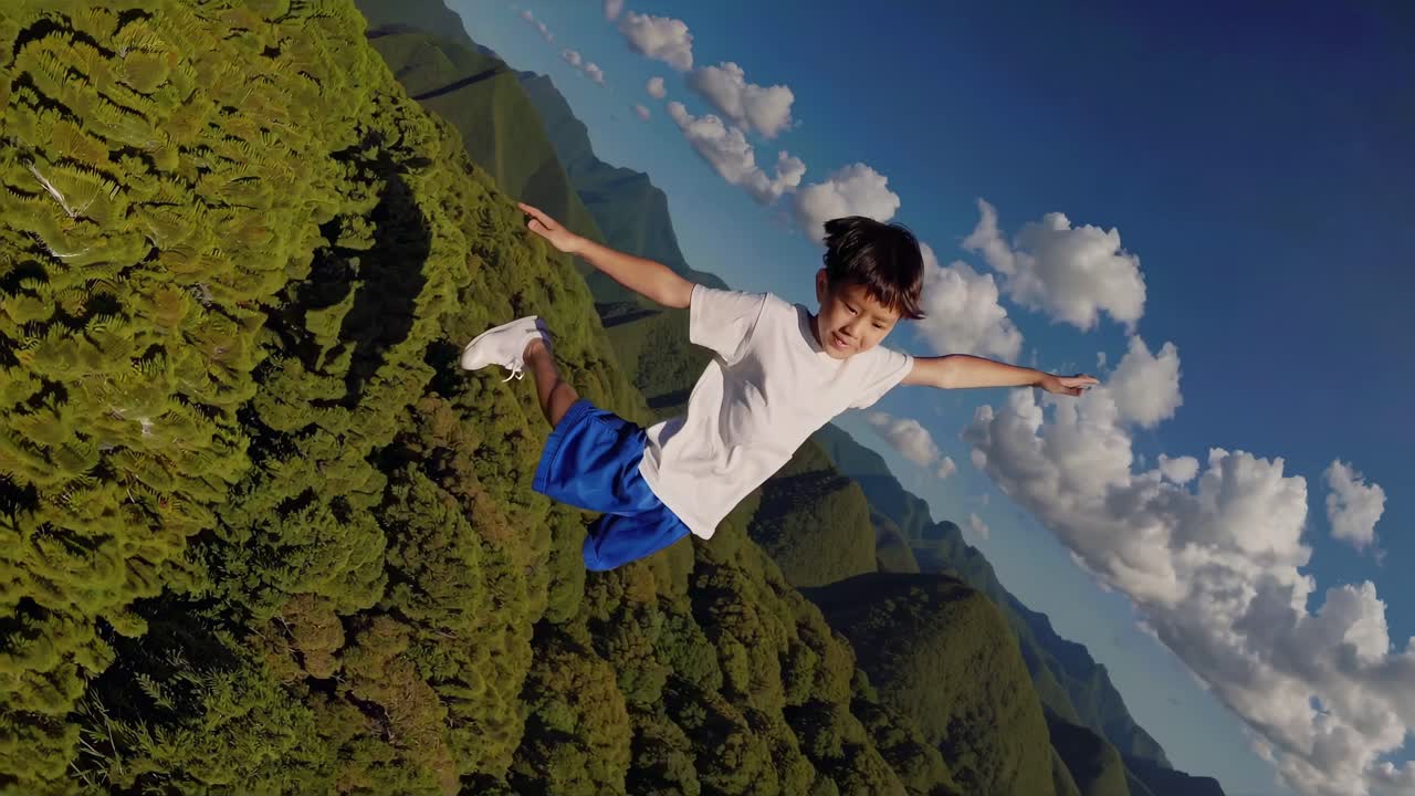 niño volando sobre montañas y árboles exuberantes