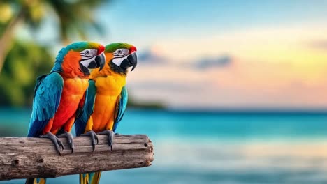 two colorful macaws on a branch overlooking a tropical beach