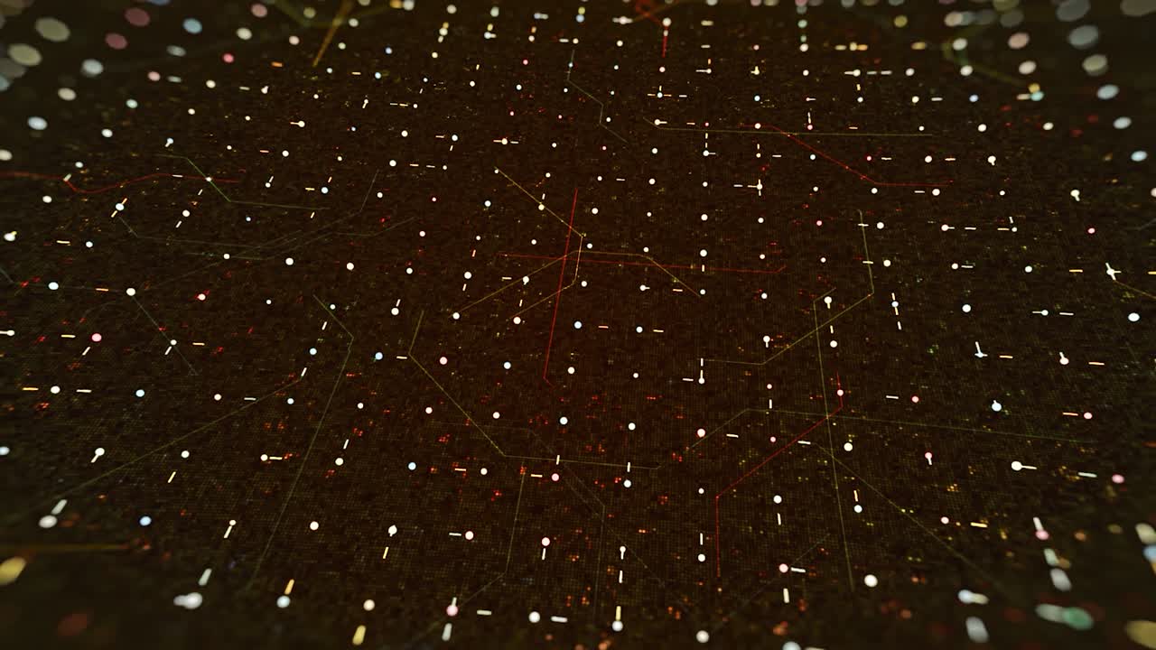 fondo tecnológico abstracto y segmentos cortos en el espacio digital oscuro. animación. líneas estrechas que fluyen creando una cuadrícula de forma cuadrada, bucle sin costuras