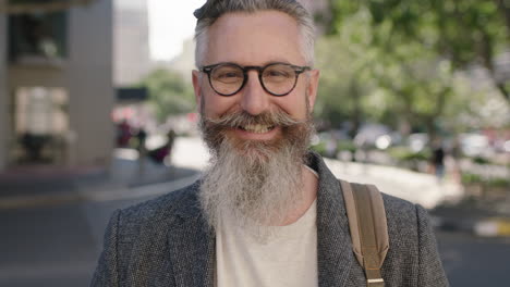 portrait of mature sophisticated bearded man looking up laughing cheerful optimistic on city street