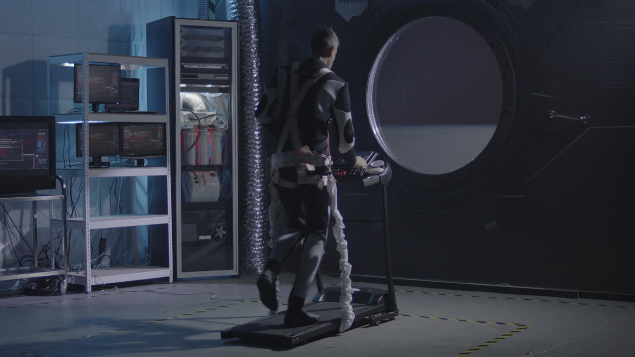 Man in futuristic exercise suit working out on treadmill in a science lab