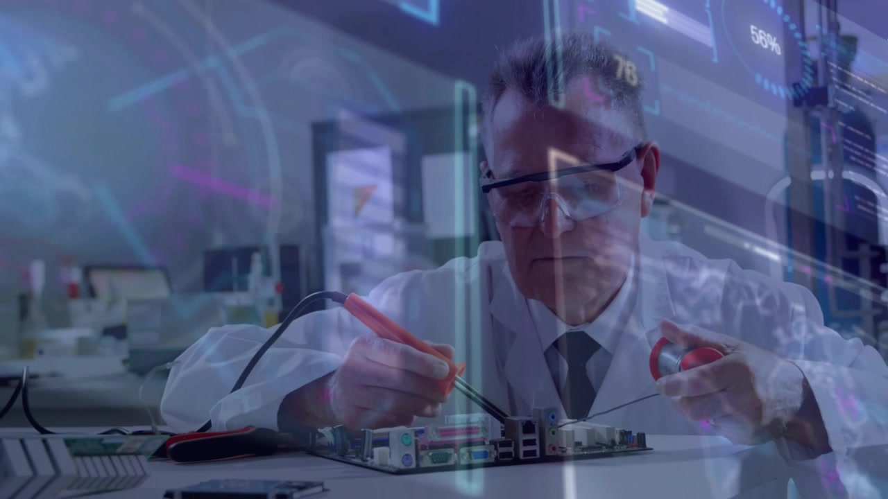 Engineer Soldering Circuit Board in Laboratory with Digital Overlay