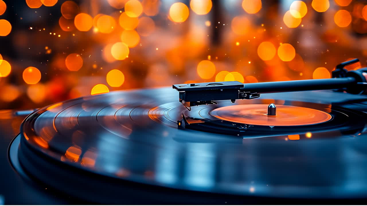 Turntable with vinyl record and bokeh lights. Vinyl record player with bokeh orange lights in the background creating a warm atmosphere