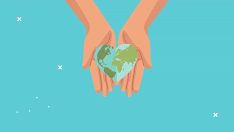 world heart day animation with hands lifting earth with heart shape