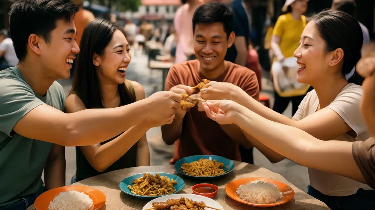 A lively video captures friends enjoying a meal outdoors. Shot from a low angle, it highlights joy
