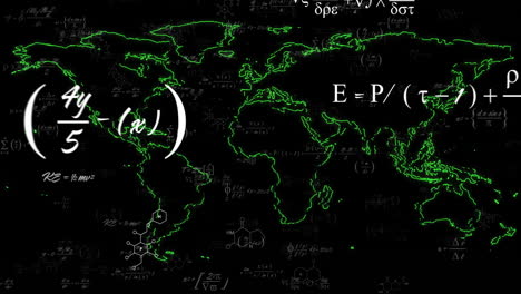 animating mathematical equations and chemical formulas over world map with green outlines