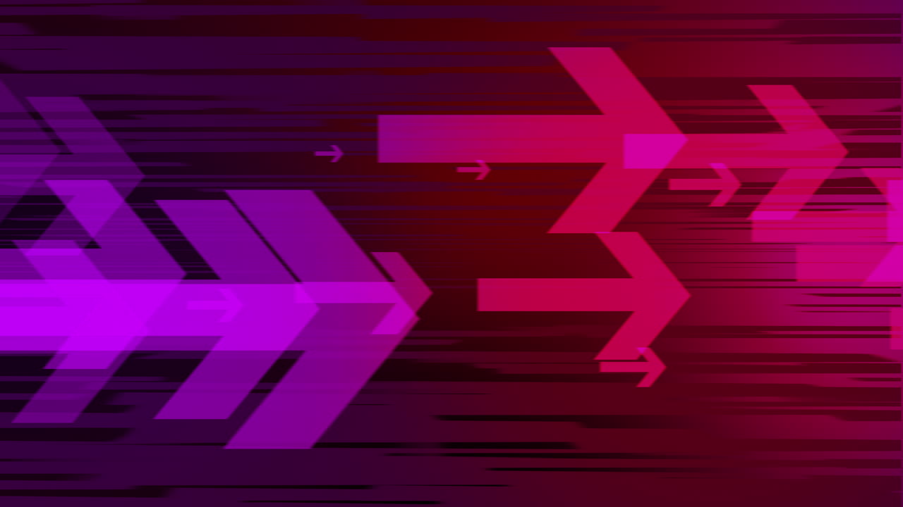 Animation of dynamically moving purple arrows. Looped dark background. Copy space.