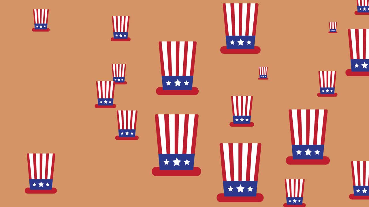 갈색 배경 위에 움직이는 미국 국기 색상의 모자의 애니메이션