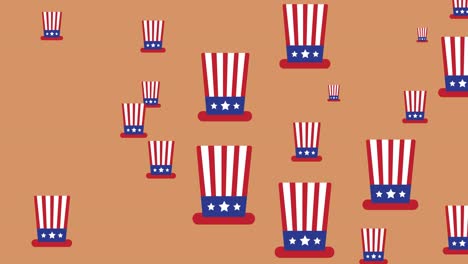 animation of american flag coloured hats moving over brown background