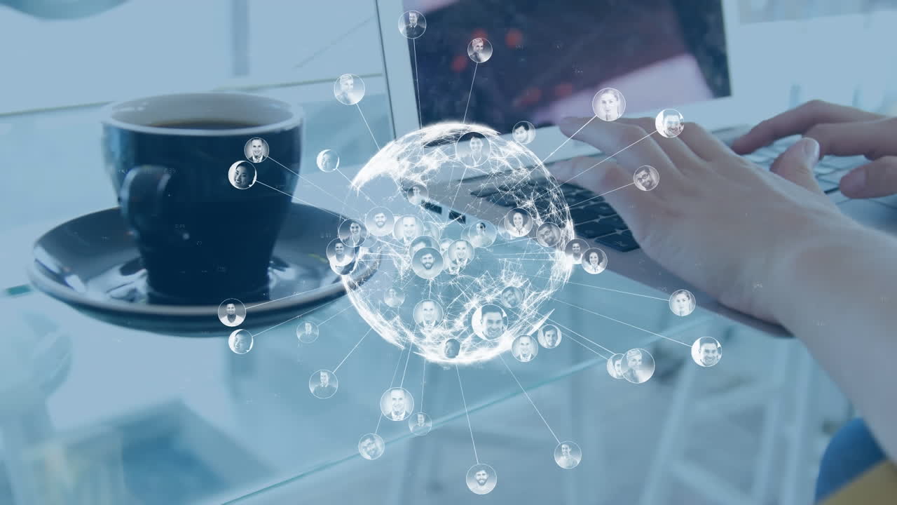 노트북을 통해 연결의 네트워크와 함께 지구의 애니메이션