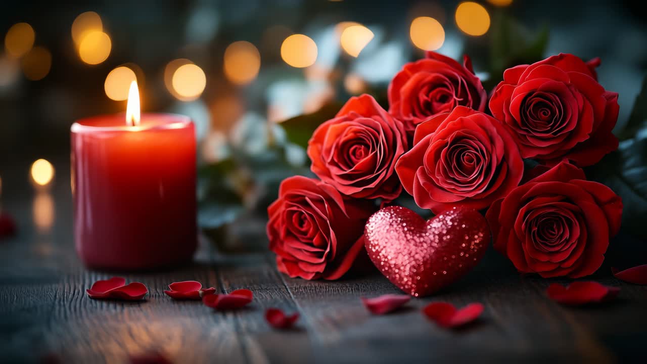 Red roses and candlelight. A bouquet of red roses and a glowing candle on wood set a romantic mood for a special occasion.