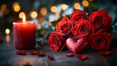 red roses and candlelight. a bouquet of red roses and a glowing candle on wood set a romantic mood for a special occasion.