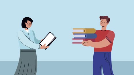 pareja de negocios con clipboard y libros de animación