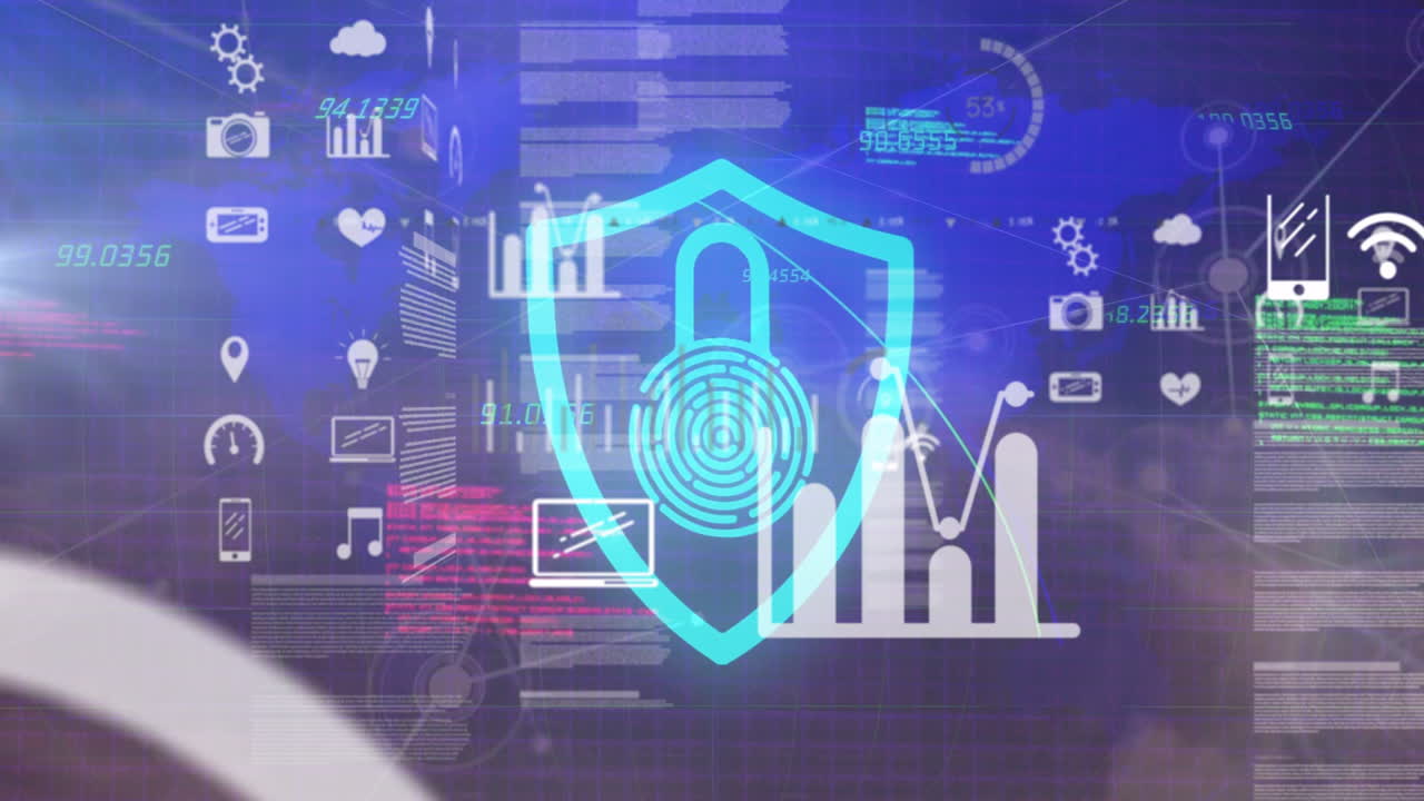 Animation of digital security shield with fingerprint over data analytics icons