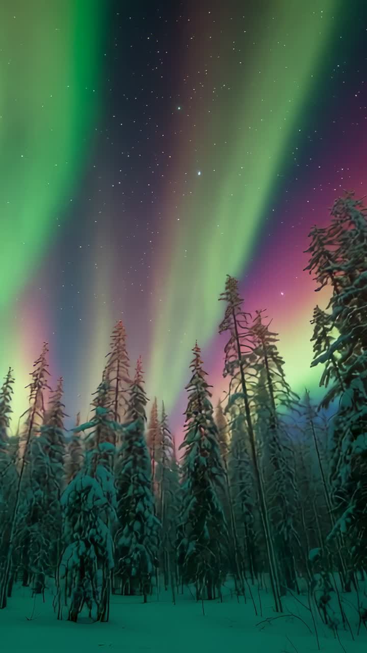 Vertical video: Appearing green and pink aurora curtains shifting over forest under starry sky