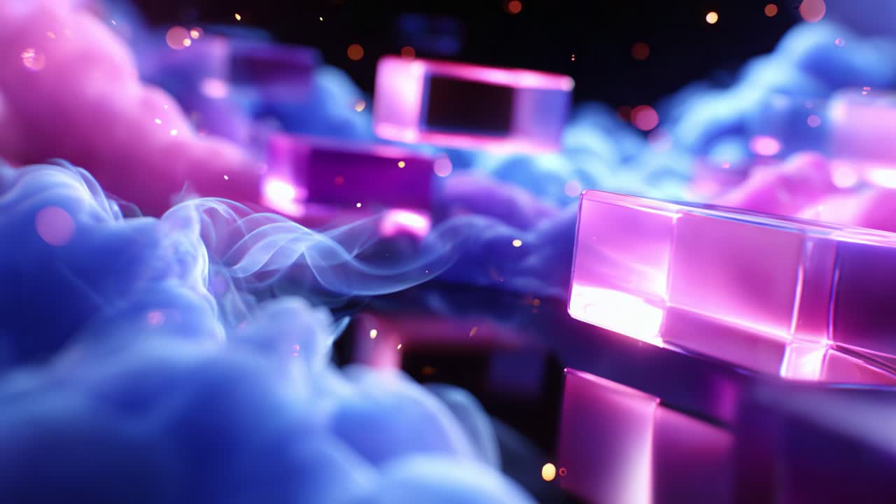 An Ethereal Dance of Light and Color: Vibrant Neon Blocks Floating Amidst Soft Purple and Blue Clouds, Creating a Dreamlike Atmosphere with Glowing Reflections and Wisps of Smoke in a Fantasy Setting