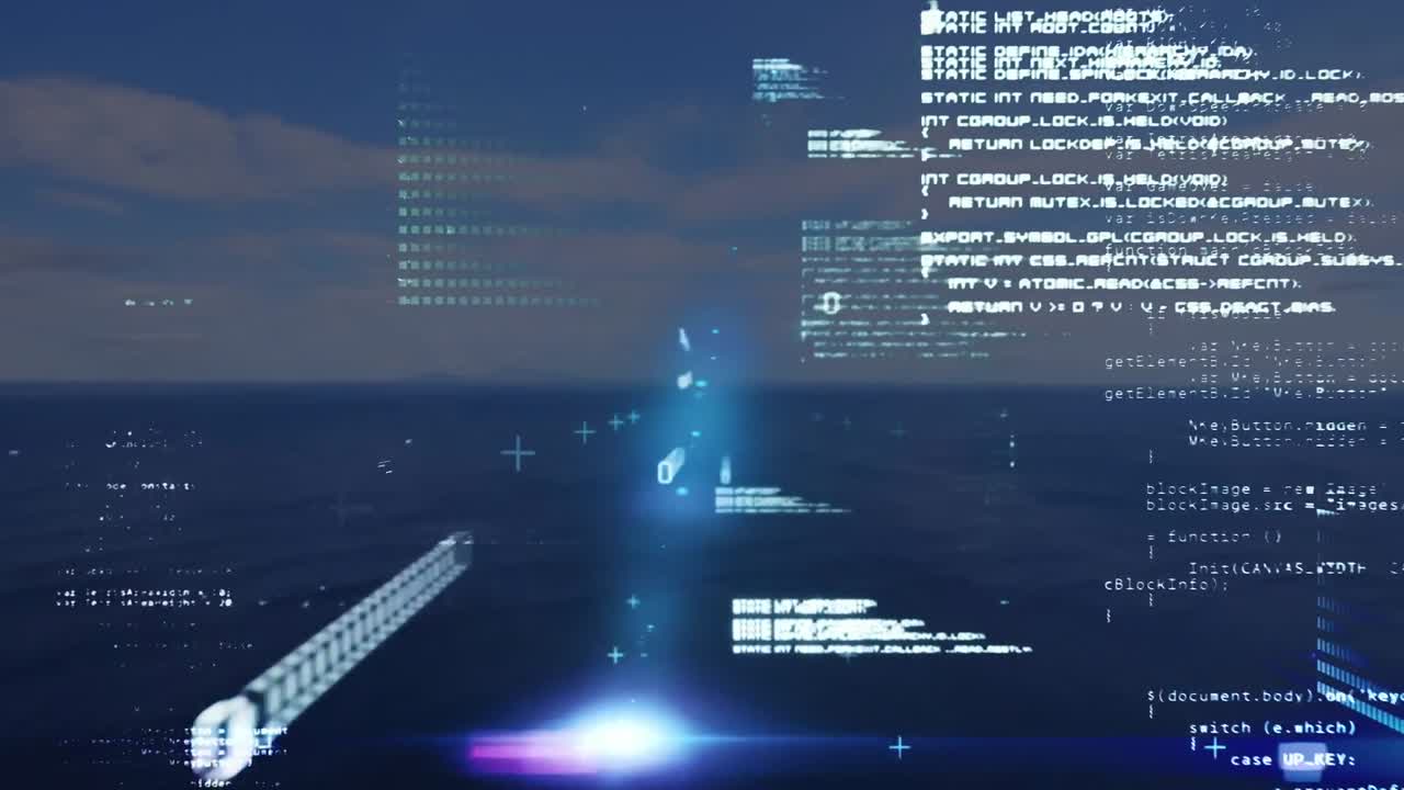 Animation of binary coding and data processing over sea