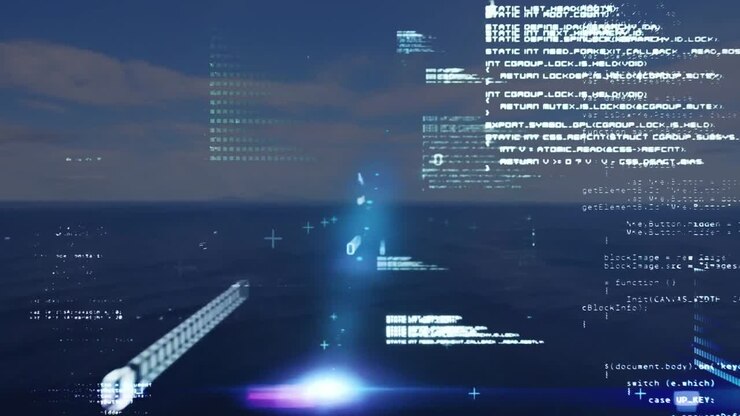 Animation of binary coding and data processing over sea