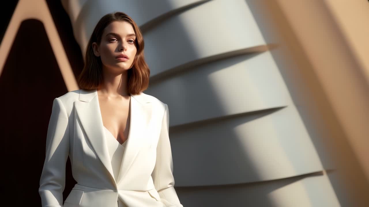 Mujer elegante con un traje blanco, filmada en contrapicado, posa con confianza contra un fondo moderno