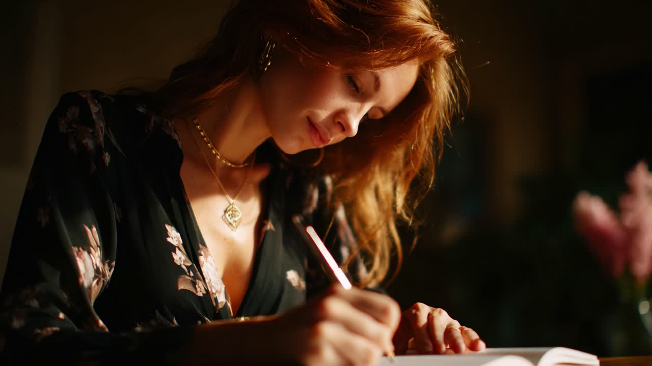 A Young Woman with Flowing Red Hair Concentrating Intently While Writing in a Notebook, Captured in a Softly Lit Environment Filled with Warm Tones and Elegance, Indicating Creativity and Focus