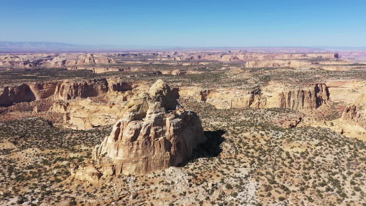 Aerial view of Chimney Rock along I70 in Utah, partial fly around