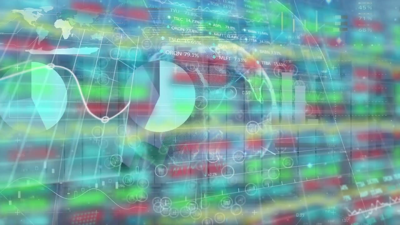 Video animasi yang menampilkan keuangan bisnis global dan pemrosesan data.