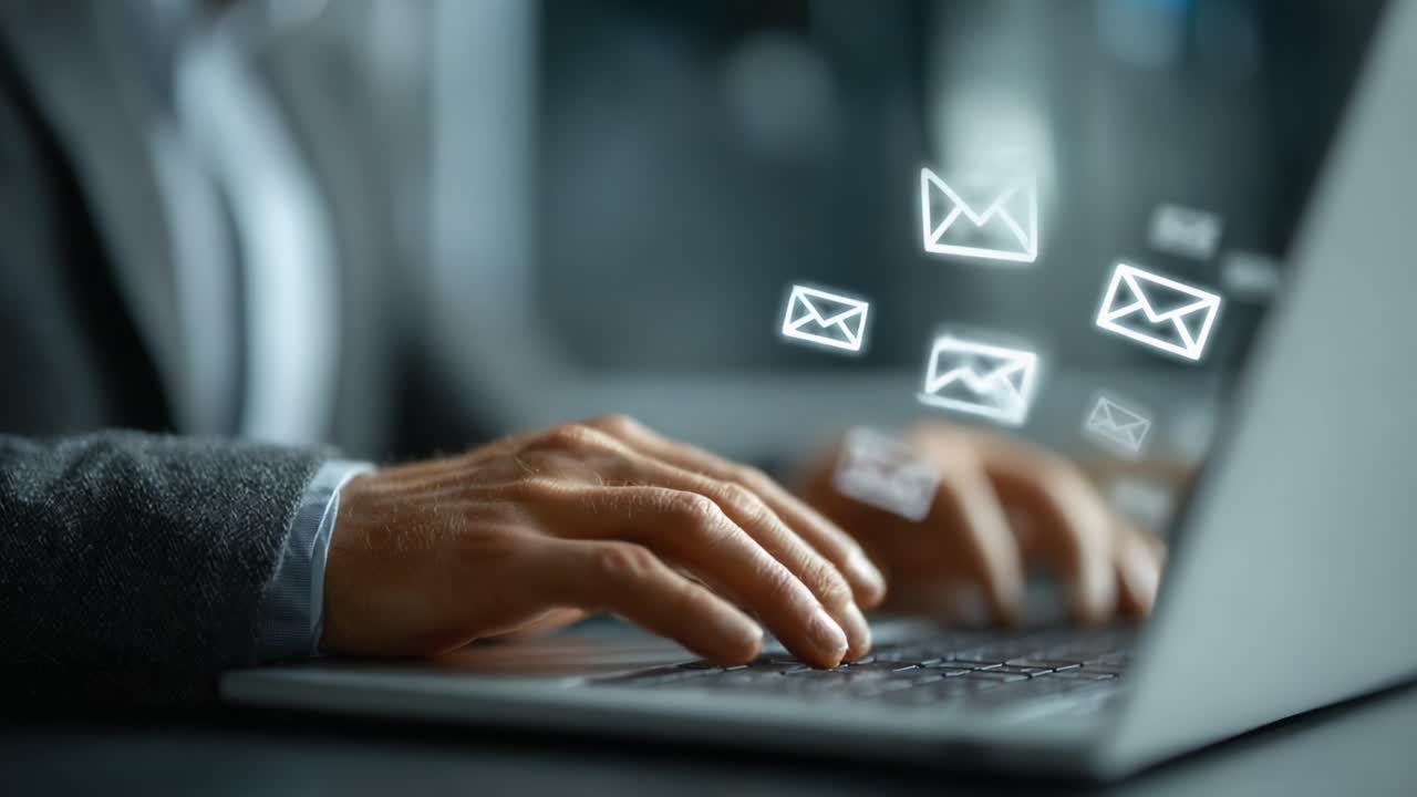 Engaged in Digital Communication: A Close-up of Hands Typing on a Laptop Surrounded by Floating Email Icons Representing Modern Connectivity and Messaging