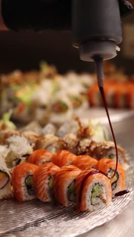 sushi buffet with salmon rolls