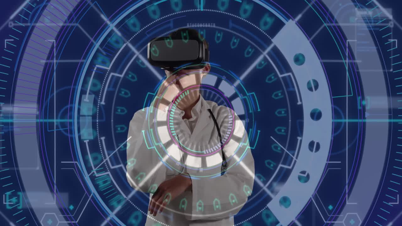 procesamiento de datos y escáner de alcance sobre un médico masculino caucásico senior contra un fondo azul