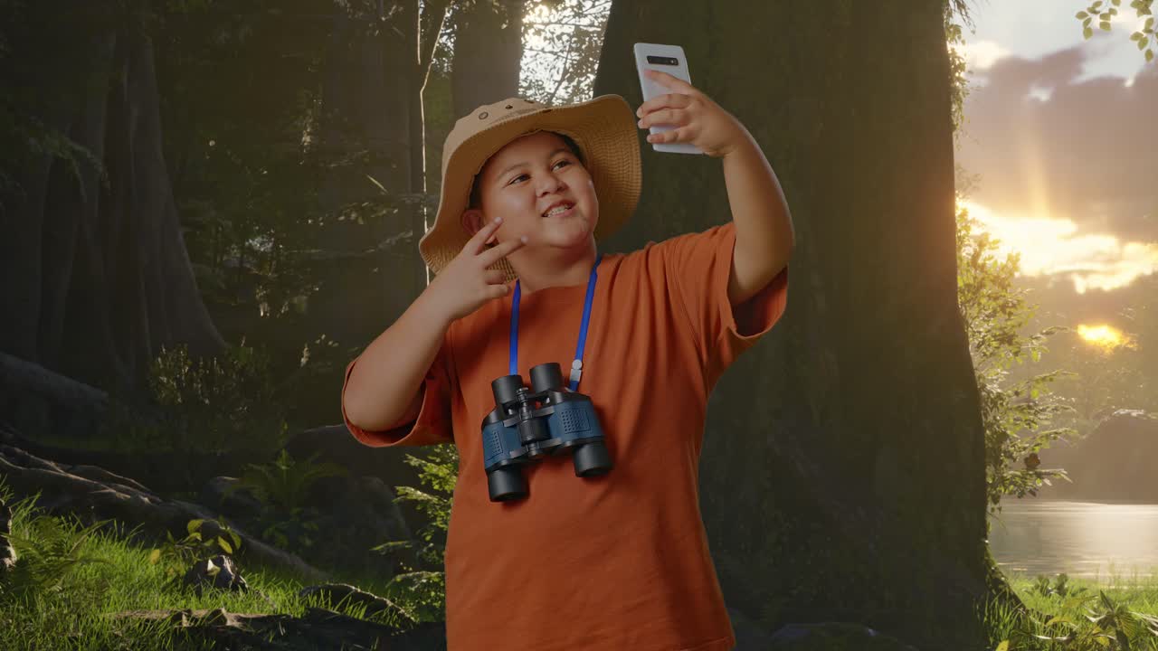 азиатский мальчик с шляпой и биноклем делает селфи на смартфоне во время исследования лесной природы. мальчик-исследователь исследует что-то, концепцию путешествия, туризма и приключений