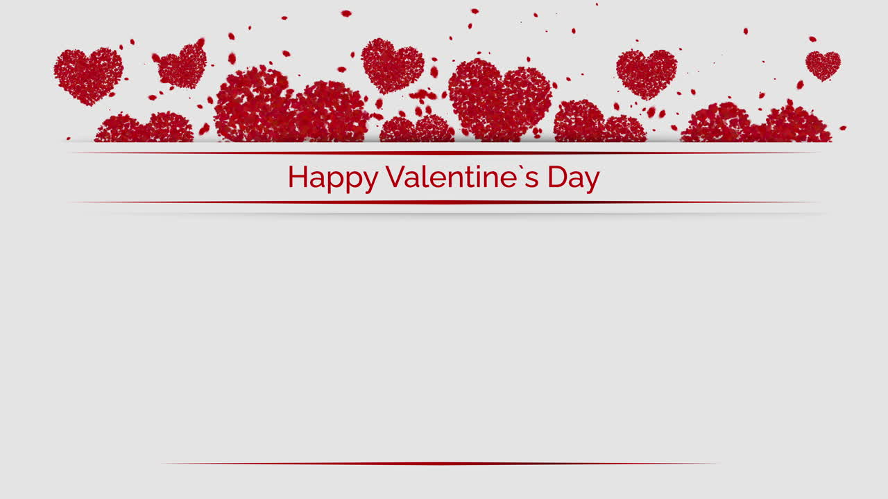 Happy valentines day. Flying red hearts and particles on a white background. Blank empty copy space for text.