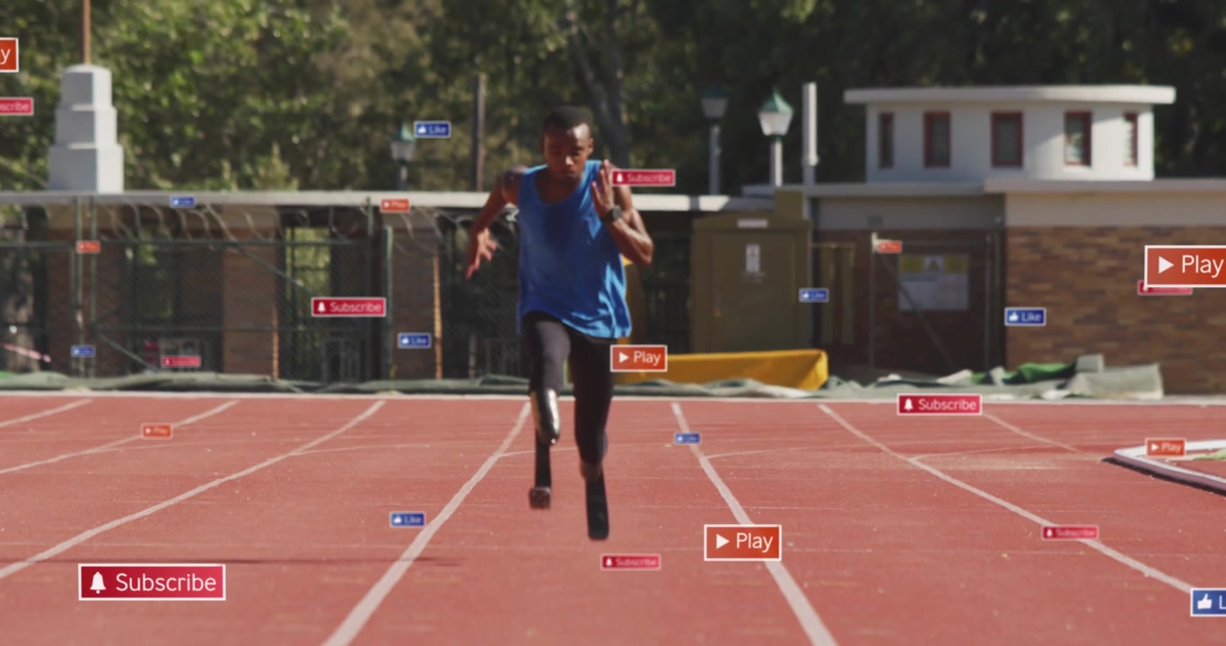 Animation of notification bars over african american athlete running on race track