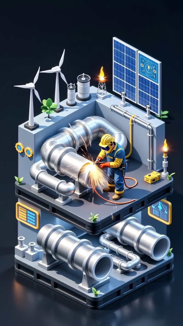 Infrastruktur Energi Terbarukan Isometrik dengan Pekerja Mengelas Pipa