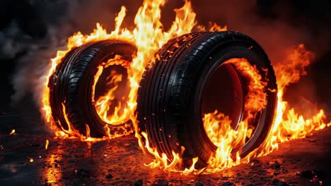 a pair of tires on fire on a dark background