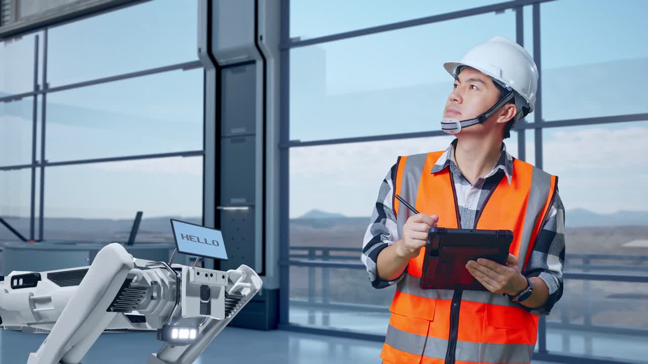 ingeniero que revisa los datos sobre el mantenimiento del robot