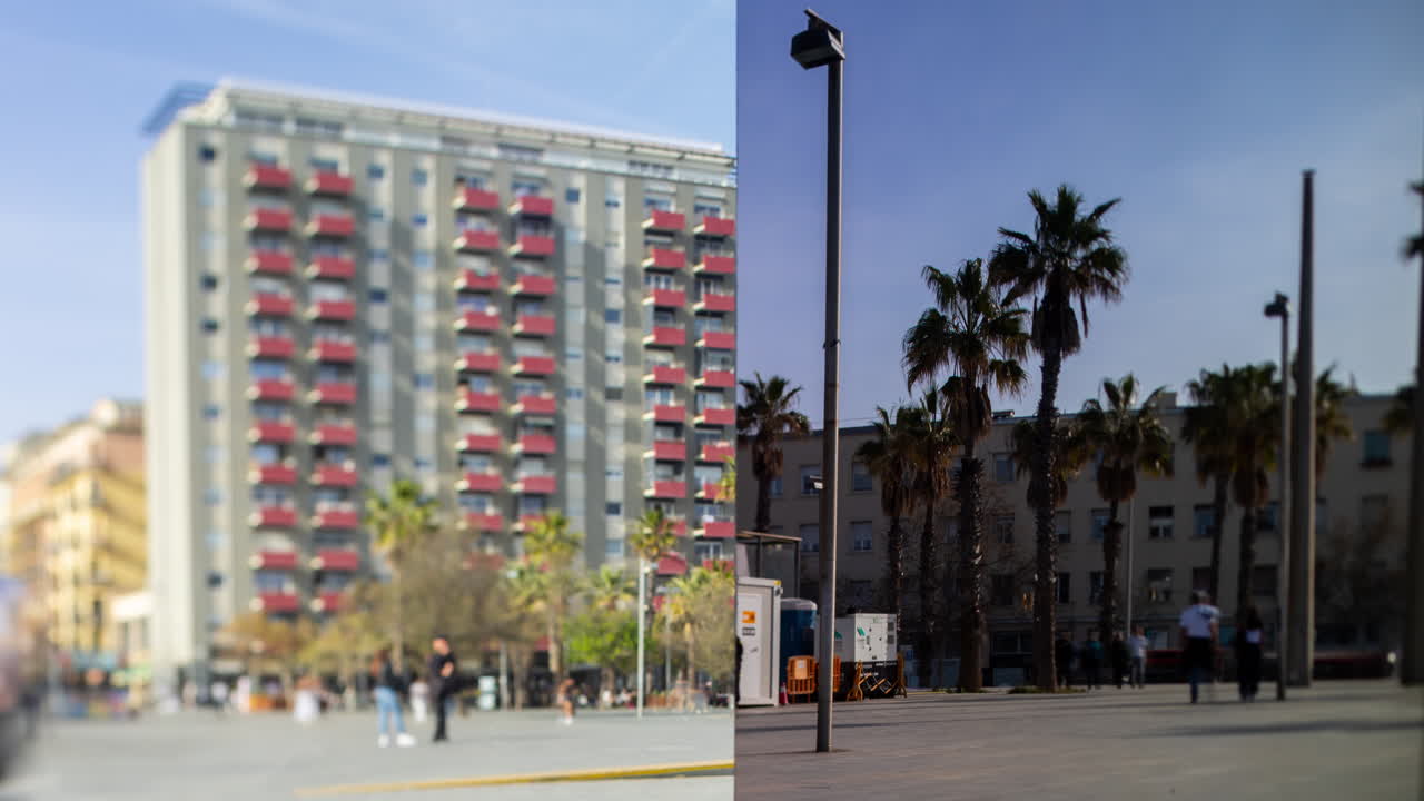 거울 벽에 비친 바르셀로나 해변의 사람들