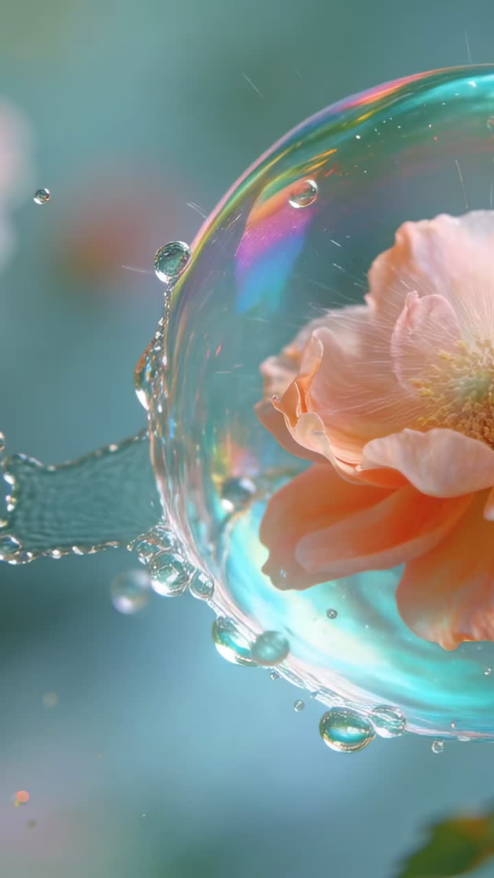 Video verticale: Acqua che schizza a sinistra colpendo una bolla di sapone attorno a una peonia in macro, formando goccioline.