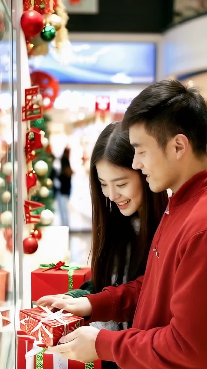 An asian man and a woman are looking at a Christmas gifts in a store at shopping mall