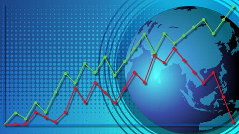 dynamic animation of fluctuating line graphs over a world map backdrop, highlighting global economic trends with vibrant colors
