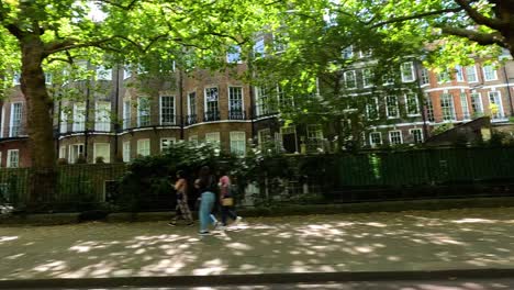 people walking along a tree-lined street