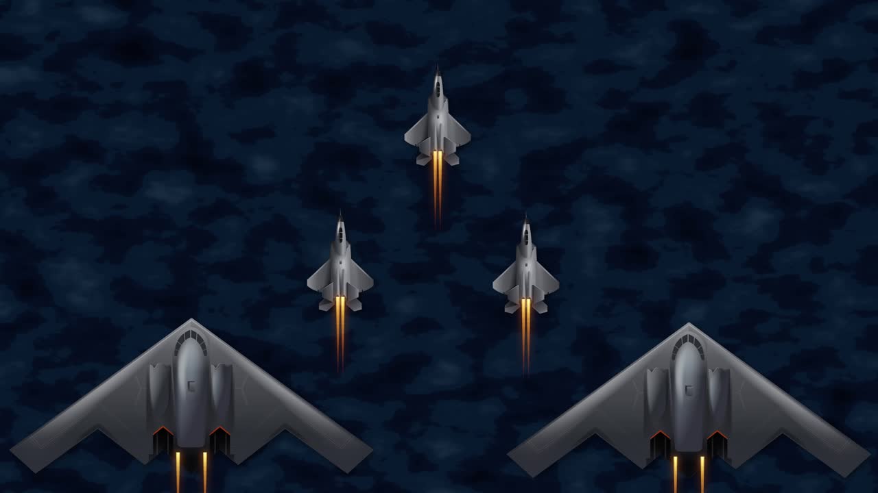 Visione dall'alto di bombardieri stealth e jet da combattimento che volano in formazione sopra le scure acque oceaniche.