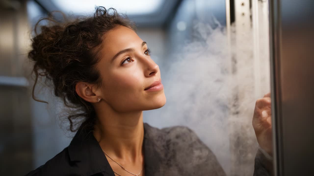 A contemplative young woman gazes upward in a misty environment, the ethereal steam surrounding her adds a dreamy atmosphere to the moment, highlighting her introspective expression and natural beauty