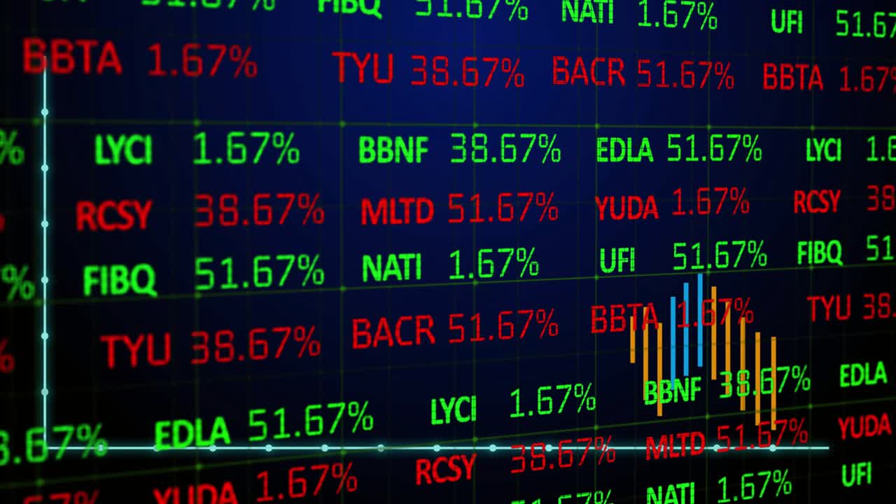 Apertura di una schermata di trading scura che mostra un grafico a candele fluttuante, visualizzando la volatilità del mercato.
